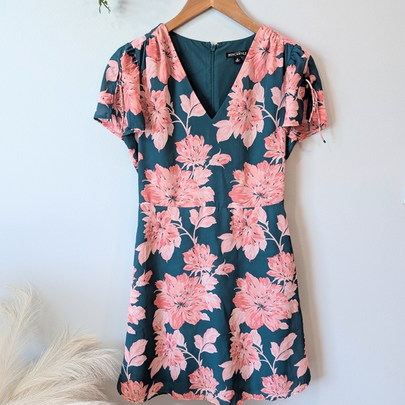 J Crew Mercantile Floral V-Neck Dress in Teal and Pink Sz. 0 - Picture 1 of 7